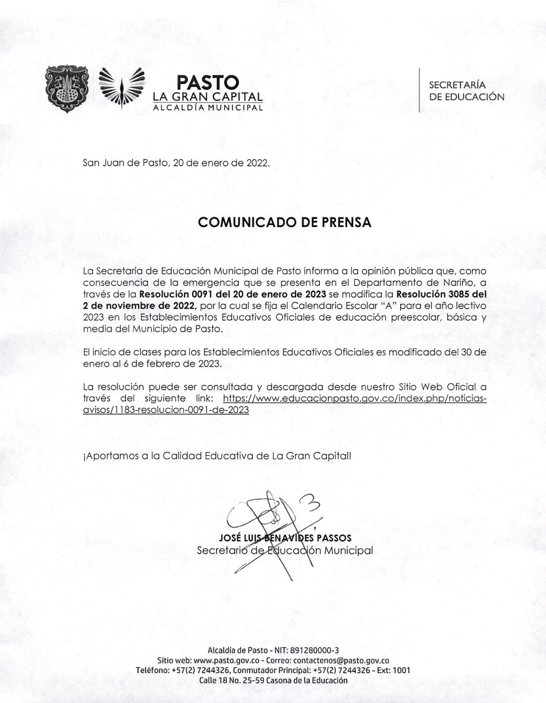 La Secretaría de Educación Municipal de Pasto informa la Resolución 0091 del 20 de enero de 2023, que modifica la Resolución 3085 del 2 noviembre de 2022, por la cual se fija el Calendario Escolar "A"